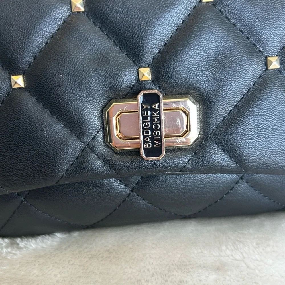 Badgley Mischka Quilted Studded Black Chain Shoulder Bag Crossbody